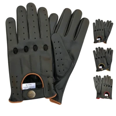 Image of Men&#039;s Genuine Leather Driving Classic String Black Gloves WITH 4 holes 507 Yellow &amp; BROWN Piping (BLACK PIPING, MEDIUM)
