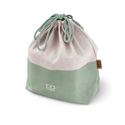 Image of monbento Lunch Bag MB Pochette L Natural Green Polyester and Cotton Large Tote for Work/School Packing Can Contain a Bento Box + Bottle Cutlery Set Cream &amp;