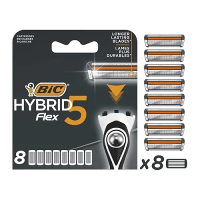 Image of Bic Hybrid 5 Flex Men&#039;s Razor Refills with Moveable Nano Tech Titanium Blades Box of 8 Cartridges, Black/White