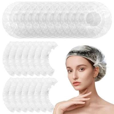 Image of 100 Pcs Disposable Shower Caps, Elastic Plastic Bath Caps Waterproof Hair for Home Use Hotel Spa &amp; Salon, Large Thick Clear Women Kids Girls