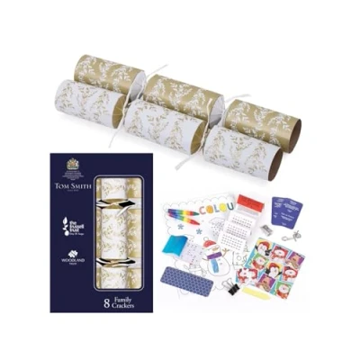 Image of Pack 8 Tom Smith Charity Family Christmas Crackers White &amp; Gold Festive Foliage Design