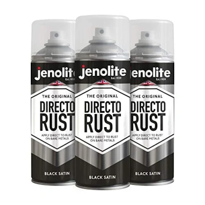 Image of JENOLITE Directorust Spray Paint Satin Finish BLACK 3 x 400ml Direct To Rust for Metal All In One Multi Surface Metal, Wood, Plastic, Ceramic RAL 9005