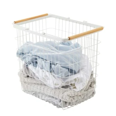 Image of Yamazaki 2810 TOSCA Laundry Basket Large, white, Steel/Wood, Minimalist, 41.5 x 31 38.5 cm
