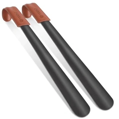 Image of ZOMAKE Metal Shoe Horn 42cm Long Handled Shoehorn 2Pcs,Extra Horns With Leather Handle For Men Women The Elderly (2Pcs Black)