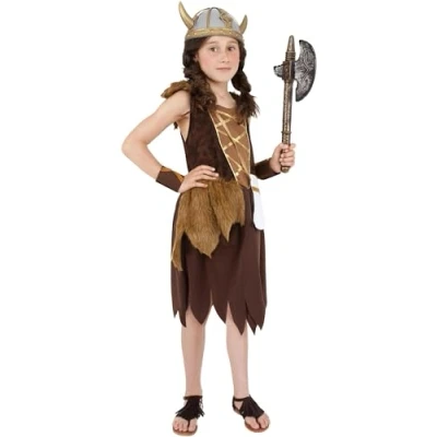 Image of Smiffys Viking Girl Costume, Brown with Dress &amp; Wristcuffs, Girls Fancy Dress, Up Costumes