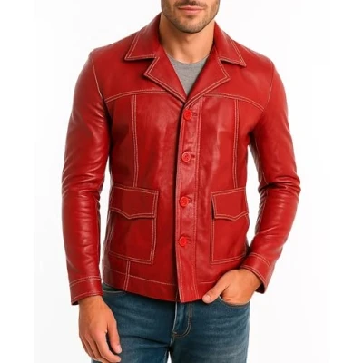 Image of Mens Brad Pitt Fight Club Tyler Durden Coat Red Biker Leather Jacket 3XL