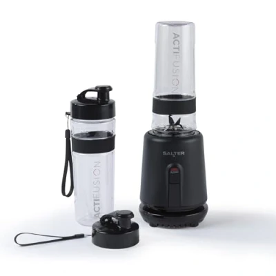 Image of Salter EK6133MBLK Kuro Actifusion Blender Smoothie Protein Shake Blender, 2 x 600ml Sports Bottles, BPA Free, Leak Proof, One Touch Operation, Stainless Steel Blades, Non Slip, Cord Storage, 350W