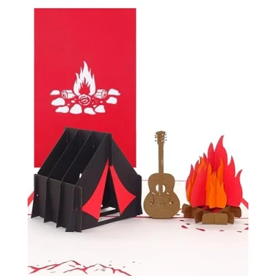 Image of 3D Pop Up Card &quot;Camping Zelt am Lagerfeuer &amp; Gitarre&quot; Birthday Cards Scouts, Camping Cards, Travel Voucher Tents Invitation Gift