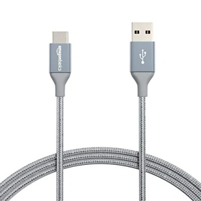 Image of Amazon Basics USB C to A 2.0 Fast Charger Cable, Nylon Braided Cord, 480Mbps Speed, IF Certified, for Apple iPhone 15, iPad, Samsung Galaxy, Tablets, Laptops, 1.82 m, Dark Grey