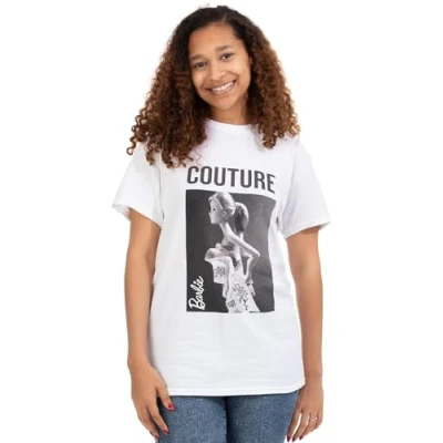 Image of Barbie Womens T Shirt in White Doll Couture Fashionable Graphic Tee for Ladies Oversized Short Sleeve Apparel Top Fashion Movie Daywear Merchandise Gift Adults