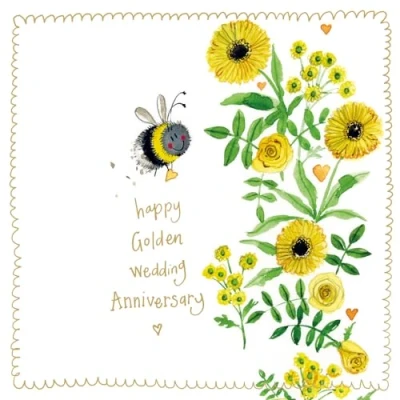 Image of Alex Clark Happy Golden Wedding Anniversary Bee Foil Card Bees Floral Nature Plants Cards To Celebrate Designed and Printed in the UK…