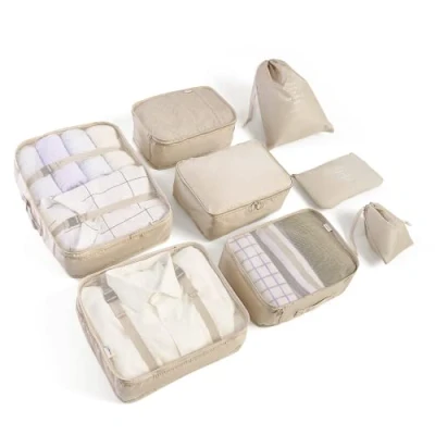 Image of BillyBath Suitcase Organiser Set, Packing Cubes Clothes Bags Shoe Bag Cosmetic Travel for Suitcases (8 Pieces, Beige)
