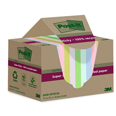 Image of Post it Super Sticky 100% Recycled Notes, Pack of 12 Pads, 70 Sheets per Pad, 76 mm x mm, Pink, Green, Blue, Purple, Yellow Extra Notes Made from Paper