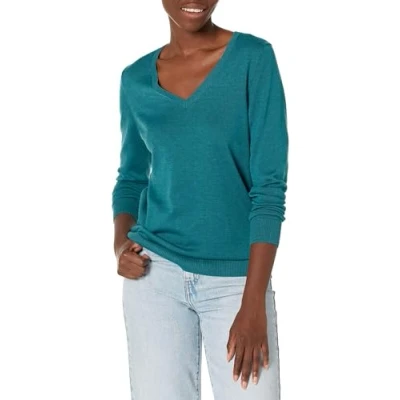 Image of Amazon Essentials Women&#039;s Classic Fit Lightweight Long Sleeve V Neck Jumper (Available in Plus Size), Teal Blue Heather, L