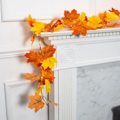 Image of Benross 85049 Autumn Maple Leaf Garland with 40 Warm White LED Lights / 2.3m Battery Operated Fall, Thanksgiving, Halloween Indoor Decoration