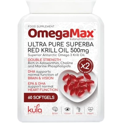 Image of Max Strength Red Krill Oil Capsules 1000mg per Serving 60x 500mg Softgels (1 Month Supply) Astaxanthin, EPA, DHA Omega 3 for Heart, Blood Pressure, Vision and Brain Health Kula Nutrition