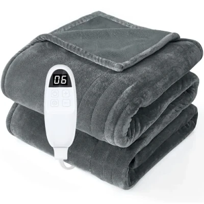 Image of PRANITE Electric Blanket 200x150cm Heated Double with 6 Heat Settings, 10H Timer Auto off King Size Throw for Sofa Bed, Machine Washable, Grey
