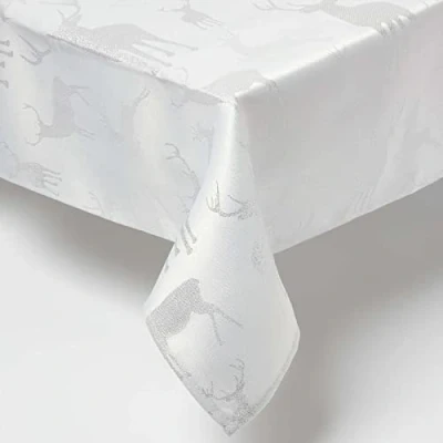 Image of HOMESCAPES Sparkling Silver Christmas Table Cloth 6 8 Seater 132 x 228 cm with Stag Xmas Pattern