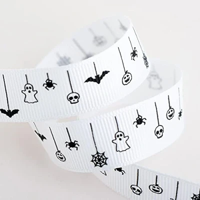 Image of Spooky Halloween Theme Ribbon 16mm x 5 Metre White Grosgrain