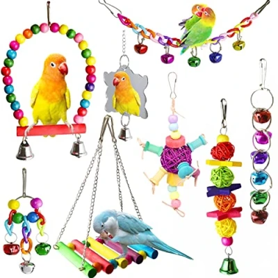 Image of 8 Pcs Bird Budgie Parakeet Toys, ESRISE Hanging Bell Hammock Swing Cockatiel Toy Wooden Perch Mirror Chewing for Small Parrots, Conures, Love Birds (Muliti A)