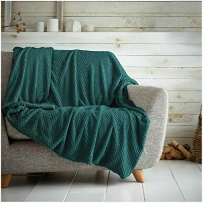 Image of Waffle Honeycomb Throw Blanket Soft Warm Over Sofa Bed Travel Bedspread (Emerald Green, Double 150 x 200cm)