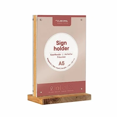 Image of EUROPEL A5 Sign Holder Double Sided, Magnetic, Free Standing, Portrait Tabletop Display Stand Acrylic, T Shaped Poster, Leaflet &amp; Menu for Hotels, Office, Conference, Restaurants, Stores