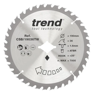 Image of Trend Wood Cordless ATBR Circular Saw Blade, 190mm Diameter, Diamond Bore, 24 Teeth, TCT, 1.6mm Kerf, +36 Hook, CSB/19036TW