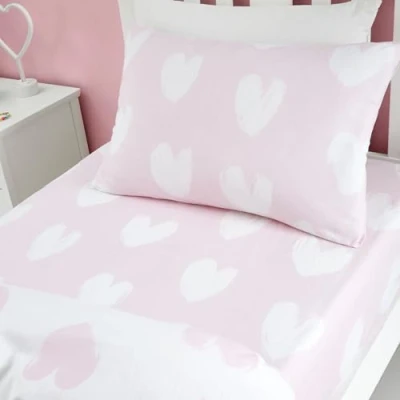 Image of Catherine Lansfield Brushed Cotton Hearts Double Fitted Sheet White Pink