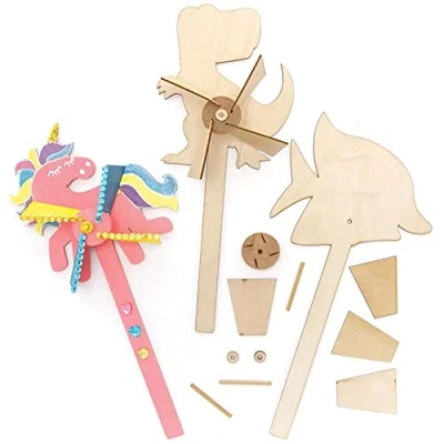 Image of Baker Ross FE534 Assorted Wooden Windmill Kits Pack of 4, for Kids Arts and Crafts Projects, Children to Decorate, Personalise Display