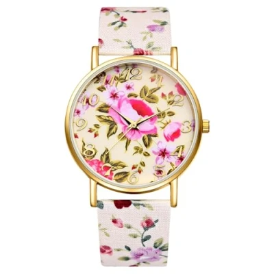 Image of JewelryWe Womens Floral Canvas Watches: Analog Quartz Easy Read Big Dial Wristwatch Elegant Flower Dressing Watch