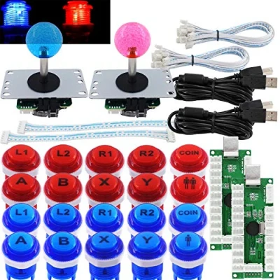 Image of SJ@JX Arcade 2 Player Game Controller Stick DIY Kit LED Buttons with Logo MX Microswitch 8 Way Joystick USB Encoder Cable for PC MAME Raspberry Pi Red Blue