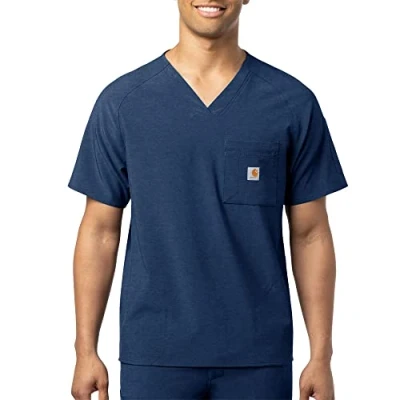 Image of Carhartt Men&#039;s Micro Ripstop Chest Pocket Top Medical Scrubs, Navy Heather, S