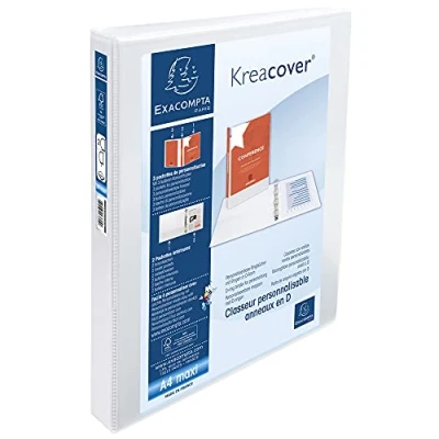 Image of Exacompta ref. 51822E 1 customizable rigid opaque binder with 3 pockets 2 D rings of 30 mm Spine 47 External dimensions: 32 x 27.7 cm Format to be filed A4 Maxi Colour: white