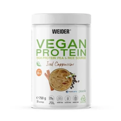 Image of Weider Vegan Protein (750g) Iced Cappuccino Flavour. 23g Protein/dose, Pea Isolate (Pisane) &amp; Rice Protein. with Vitamin B12 Stevia. Gluten Free, Sugar Free. Packaging 50% Recycled 100% Recyclable