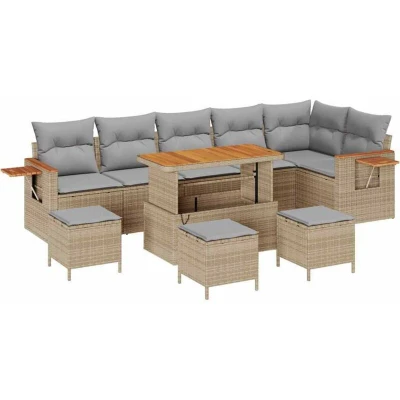Image of vidaXL 10 Piece Garden Sofa Set with Cushions Beige Poly Rattan Acacia