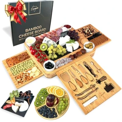 Image of Bamboo Cheese Board and Knife Set Ceramic Bowls Wine Opener 100% Organic Wood Serving Tray Charcuterie Perfect Choice for Gourmets, Birthday Presents, Wedding Gifts, Mothers &amp; Housewarming