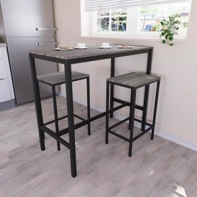 Image of Vida Designs Roslyn 2 Seater Bar Table Set, Breakfast with Stools, Industrial Steel Frame (Grey)