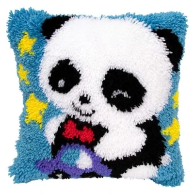 Image of CAIRF Blue Panda Pattern Latch Hook Kits DIY Throw Pillow Cover Sofa Cushion Pillowcase Embroidery Kit for Starters Adults or Children, 43 X cm