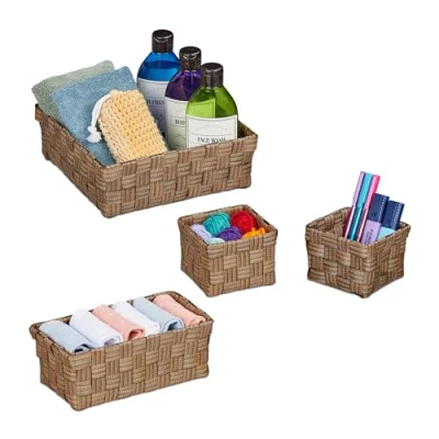 Image of Relaxdays Storage Basket, Set of 4, Basket in 3 Sizes, Woven, Plastic, Metal Frame, Bathroom Baskets, Box, Brown