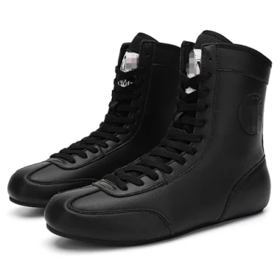 Image of High Top Wrestling Shoes Fitness Training Boxing Boots Sports Unisex Traction Premium Quality for and Weightlifting Black