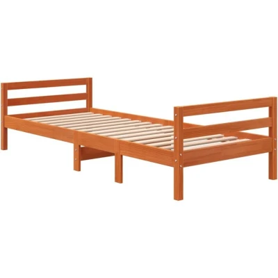 Image of vidaXL Bed Frame with Headboard &amp; Multi Functional Bedside Cabinet/Desk Solid Pine Wood, Wax Brown Finish, 80x200 cm Single Bed, Modern Style for Bedroom