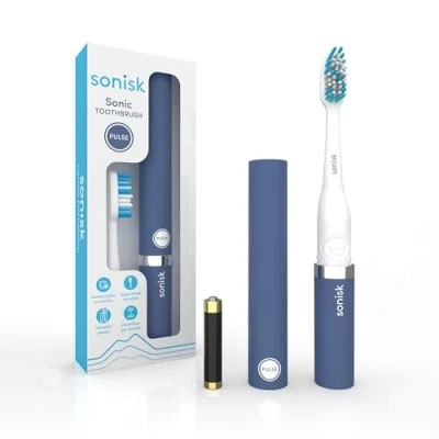 Image of Sonisk Pulse Battery Powered Electric Toothbrush Portable Travel Size with Antimicrobial Sonic Technology 1x Battery, 2X Brush Heads, Case Included (Steel Blue)