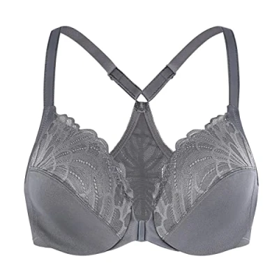 Image of MELENECA Women&#039;s Front Fastening Racerback Plus Size Stretch Lace Underwire Unlined Bras Anthracite 38B