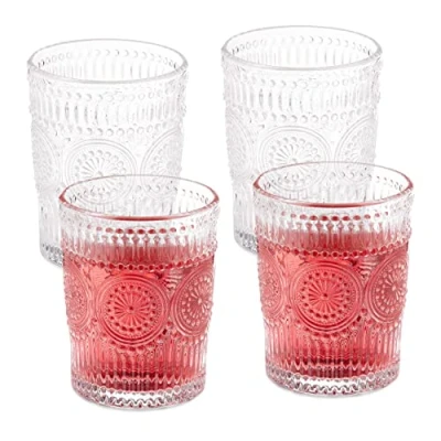 Image of Relaxdays Drinking Set of 4, Dishwasher Safe, 300ml Each, Vintage Glasses with Floral Pattern, Transparent