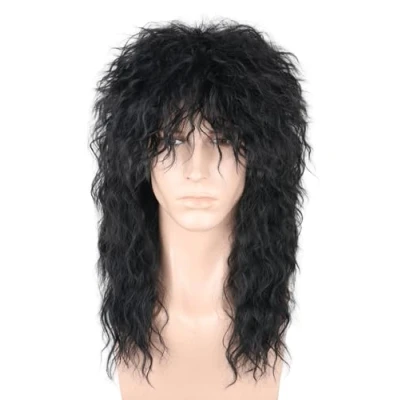 Image of LeMarnia Mens Wigs 80s Mullet Wig Black Curly Long Fashion Rocker Punk Funny Party Halloween Costume