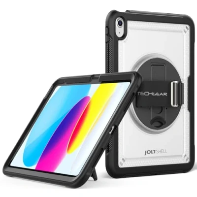 Image of TECHGEAR JOLT SHELL Case for Apple iPad 10th Generation 10.9&quot; / 10 2022 Tough Rugged HEAVY DUTY Shockproof Slim with 360 Rotating Stand &amp; Hand Strap Clear