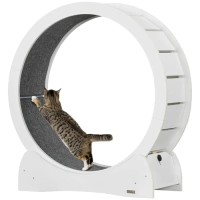 Image of PawHut Cat Treadmill, Exercise Wheel, 30 inch Running Wheel with Brake, Carpeted Runway, for White