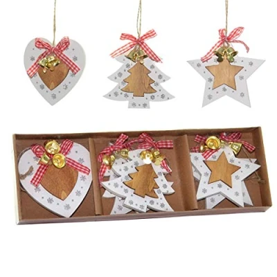 Image of SHATCHI Christmas Tree Ornaments Wooden Aesthetic Hanging Decorations set of 6 pcs with Ribbons and Bells Xmas DIY Holiday Home Décor 2 Star, Heart, Shape pieces(8cm)