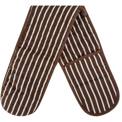 Image of Brown Double Oven Gloves Heat Resistant Mitts for Home Kitchen Baking and Cooking, Butchers Stripe Pot Pan Tray Gloves, Heavy Duty Cooking (Brown)