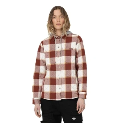 Image of Dickies Women&#039;s Fleece Hooded Flannel Shirt Jacket, Fired Brick Camp Plaid, S